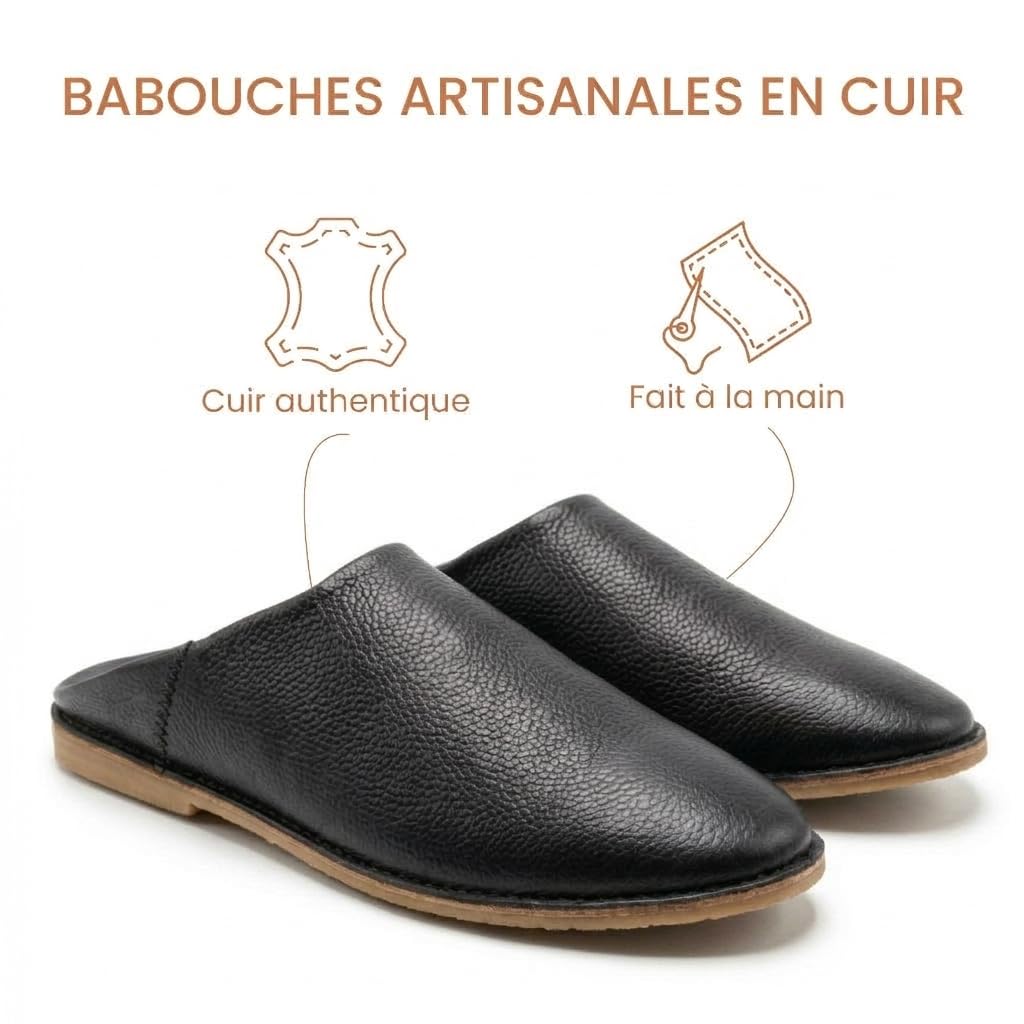 ZAYNA Babouches Marocaines en Cuir Véritable, Fait Main à Fès, Unisexe, Design Traditionnel et Confort Quotidien, Intérieur et Extérieur Léger