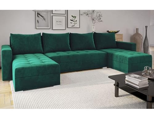MODERNO Ecksofa mit Schlaffunktion und Bettkasten FORSET U - Sofa mit +3 Sitzen - Schlafcouch Wohnlandschaft U Form - Modern Couch 301x145x80 cm - Big Sofa XXL Grün