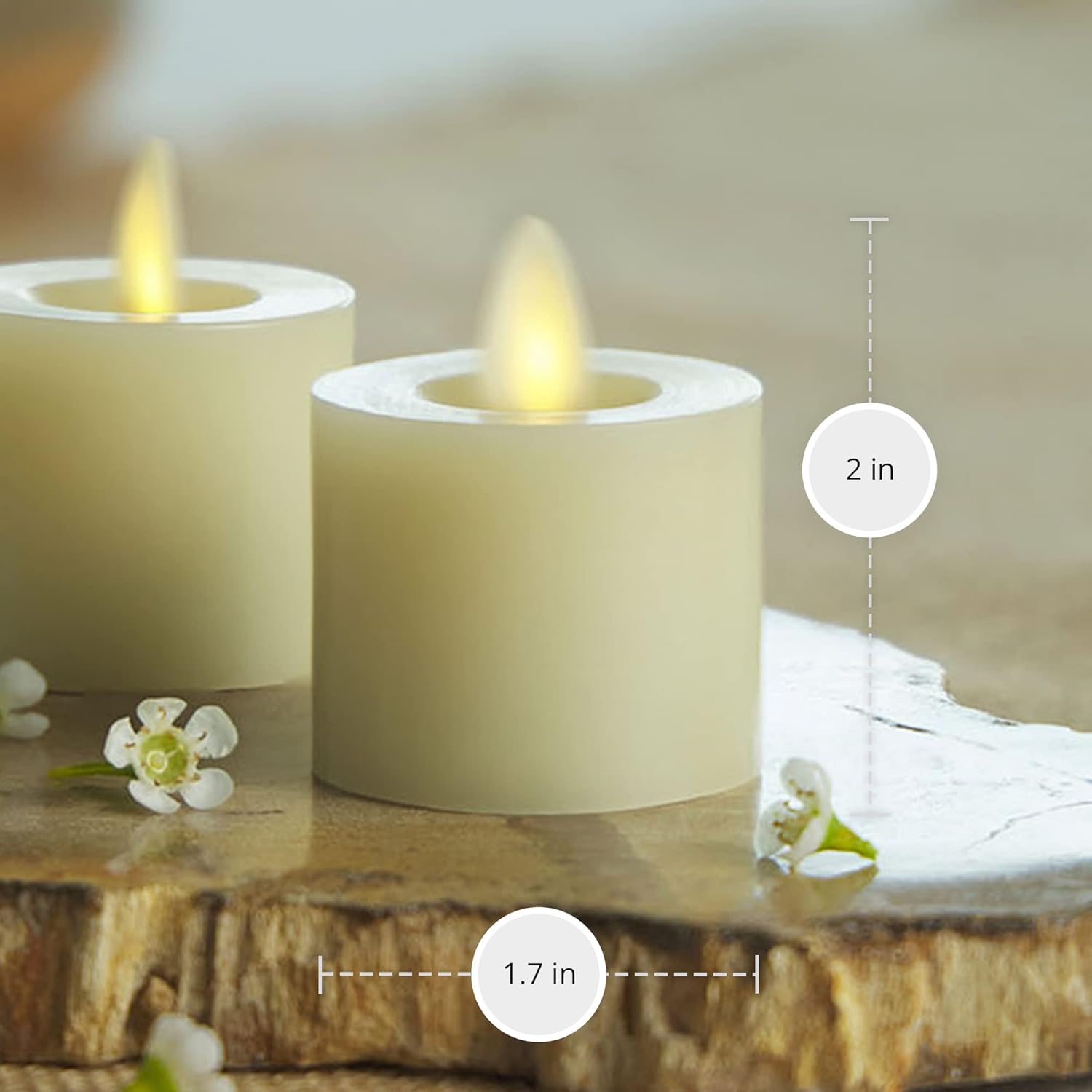 Luminara Moving Flame LED Flameless Real Wax Tealights (1.7" x 2.2") Unscented Real Wax Remote Ready Battery Operated LED Flameless Tea Light - Ivory (2-Pack)