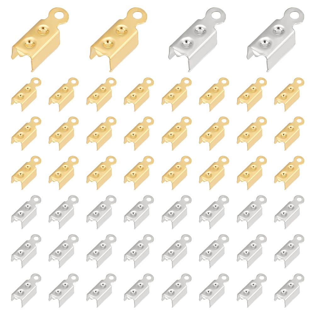 UNICRAFTALE About 400pcs 2 Colors Folding Crimp Ends Fold Over Cord Ends 4mm Inner Diameter Leather Ribbon Ending Clasp Tips Terminators Clamp End Tips Golden Jewelry Connector for Bracelets