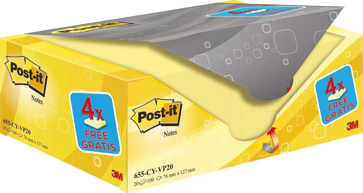 Post-it Notas, Canary Yellow, 16 blocs + 4 GRATIS, 76 x 127 mm