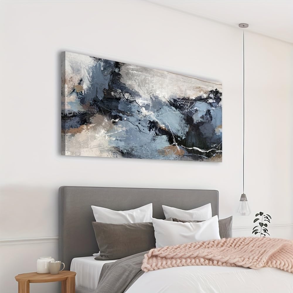 Toile abstraite moderne noire et bleue décoration murale salon cuisine chambre 40x82cm - 8