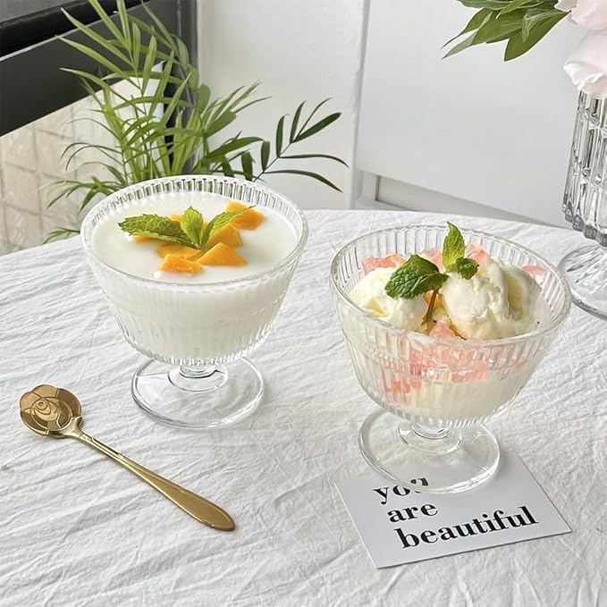 Image of Glass Ice Cream Bowls Set of 4 With Gold Spoon, Dessert Cups for Sundae, Fruit, Cocktail, 7.5oz Footed Parfait Cups (6 Pcs, 270 ml)