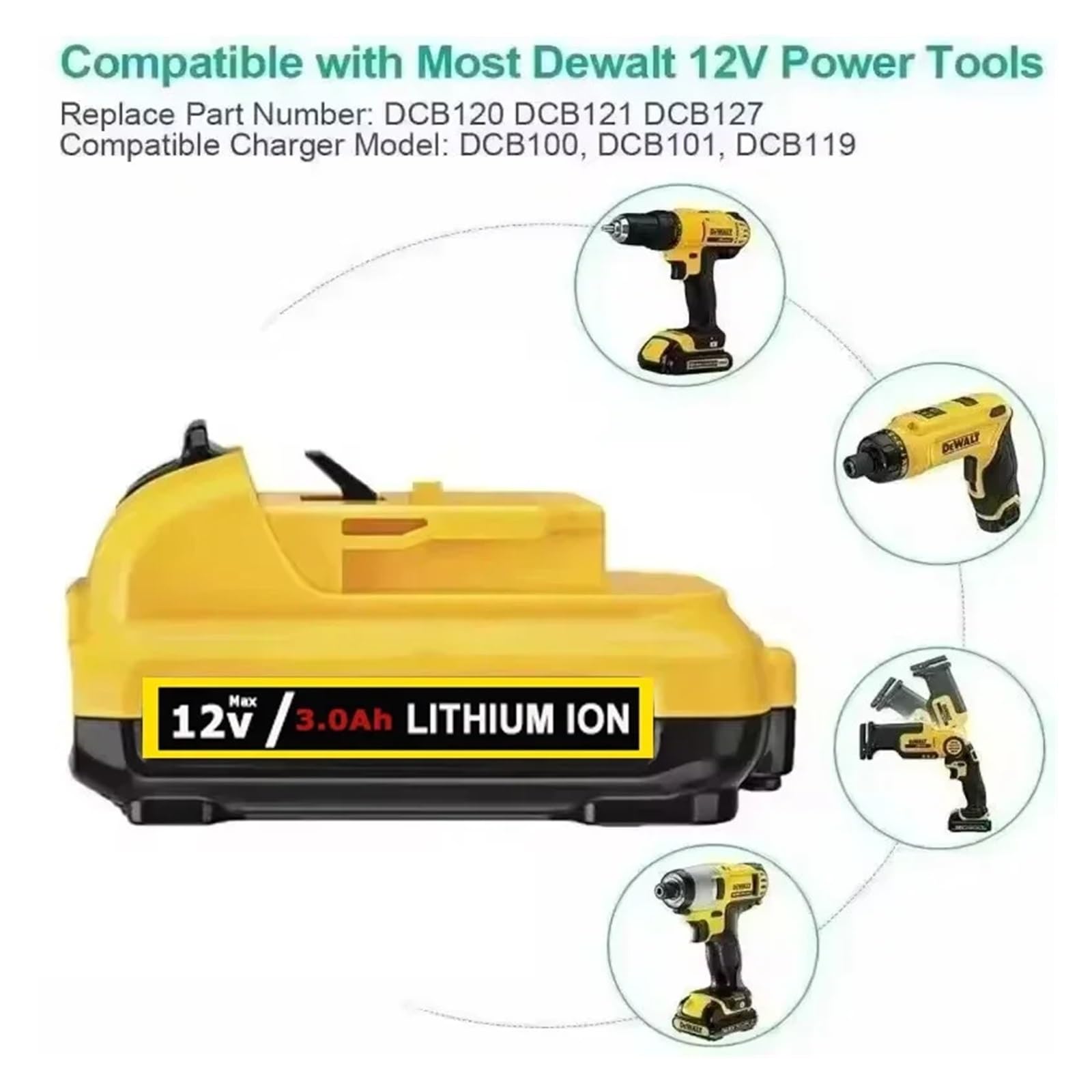 Batería DCB201 de 12 V y 3 Ah compatible con baterías de iones de litio DeWalt DCB182 DCB120 DCB123 DCB122. Baterías recargables de repuesto for herramientas eléctricas.(DW-12V 3.0Ahx1)