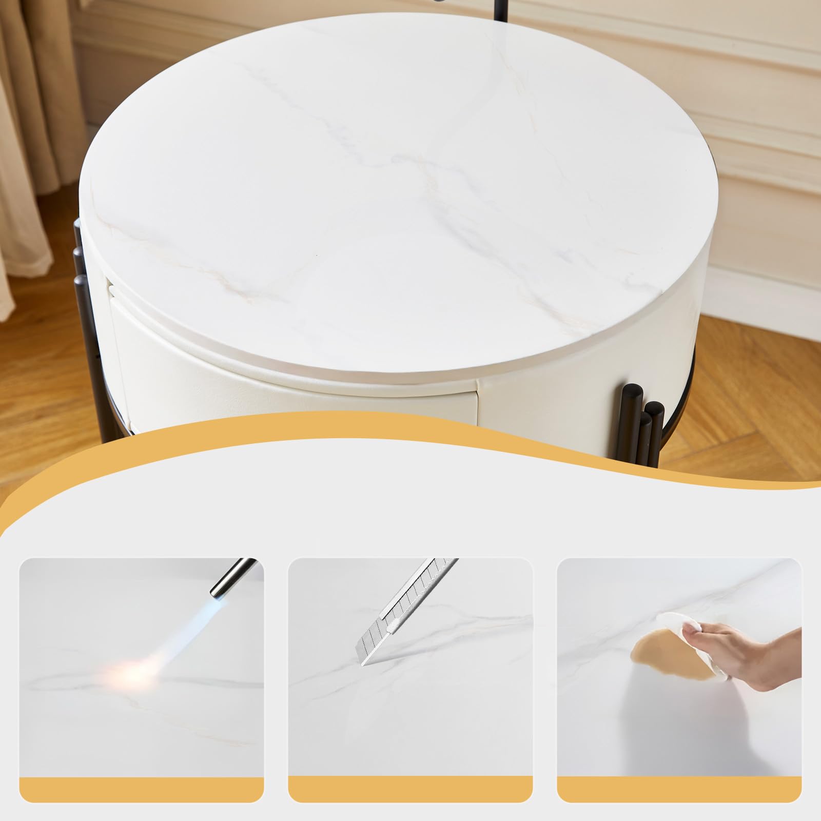 SHARPDO Tavolo da toeletta con illuminazione a LED e specchio, 3 colori, pietra sinterizzata PU, toeletta con cassetti e sgabello, tavolo cosmetico 60 cm, tavolo da trucco per camera da letto, design