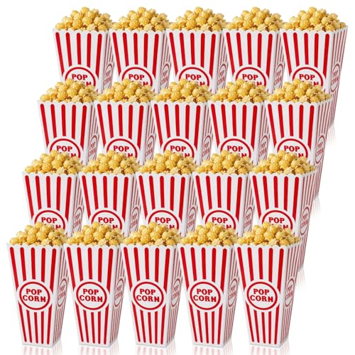Tebery 20 Pack Plastic Popcorn Boxes Open-Top Reusable Popcorn Bucket Container for Movie Night Classic Red White Striped Party Snack Bowls for Party Favors Birthday Carnival 7.5 x 4