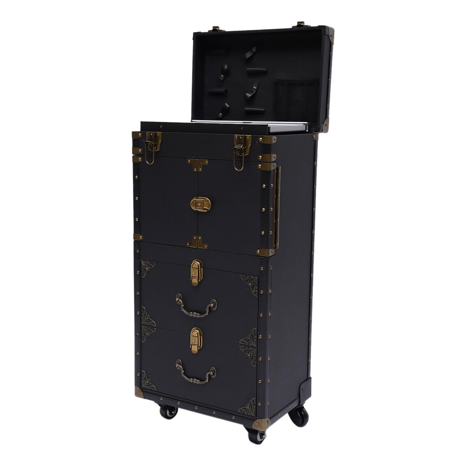 Chariot de Coiffure Professionnel 4-Tiers de Travail pour Salon, Trolley de Maquillage à Roulettes, Beauté, Noir