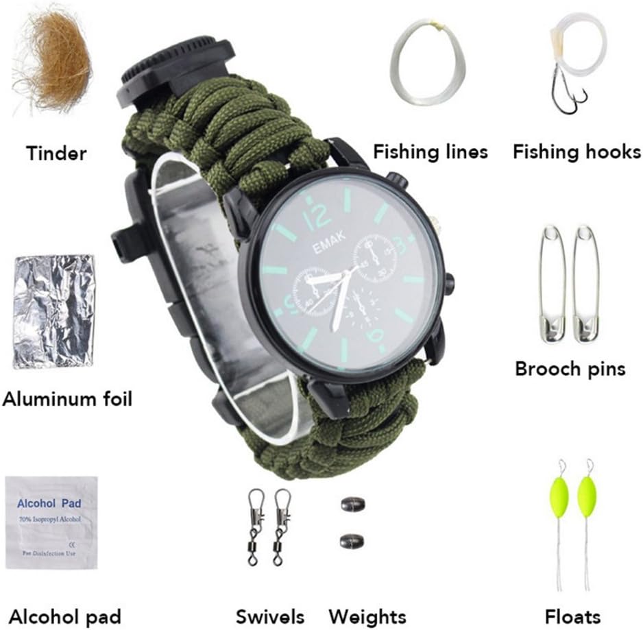 ZENDY 16 IN 1 Paracord rope with bracelet watch and whistle, compass, fishing kit, survival kit, multifunction outdoor survival tools (16 Function in 1, 9 Types inside bracelet rope)