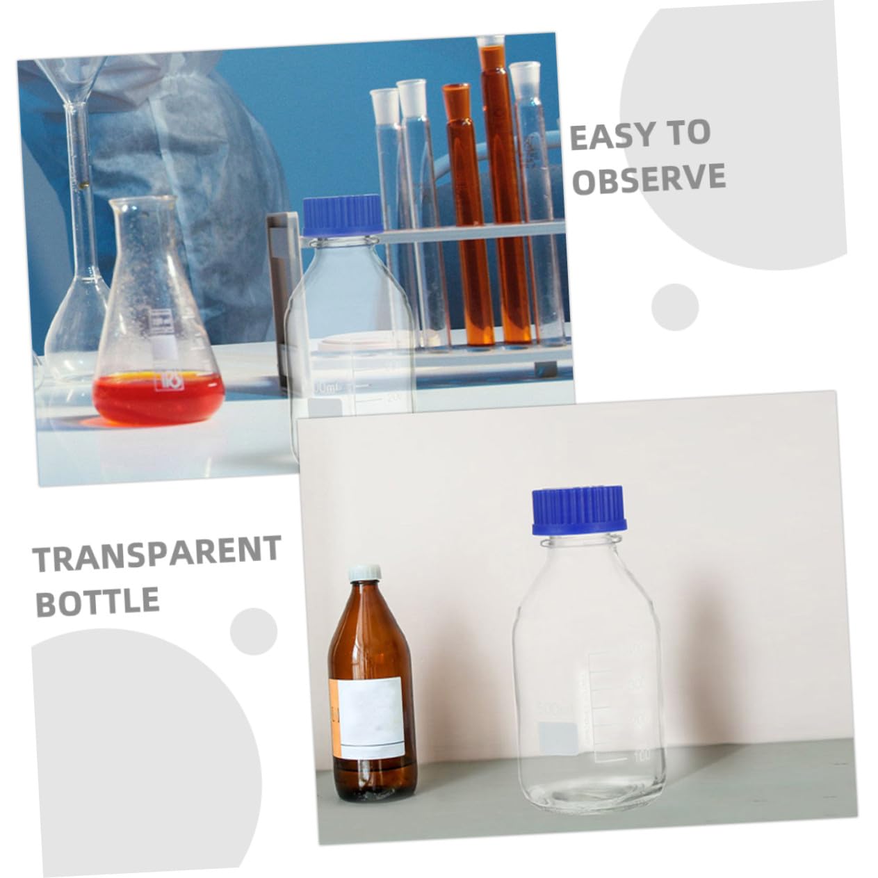 Hemobllo 2pezzi Bottiglia di Reagente in Vetro Bocca Larga con Tappo Bottiglia da Laboratorio per Misurazioni Precise Stoccaggio di Prodotti Chimici e Supporto per Campionamento di Liquidi