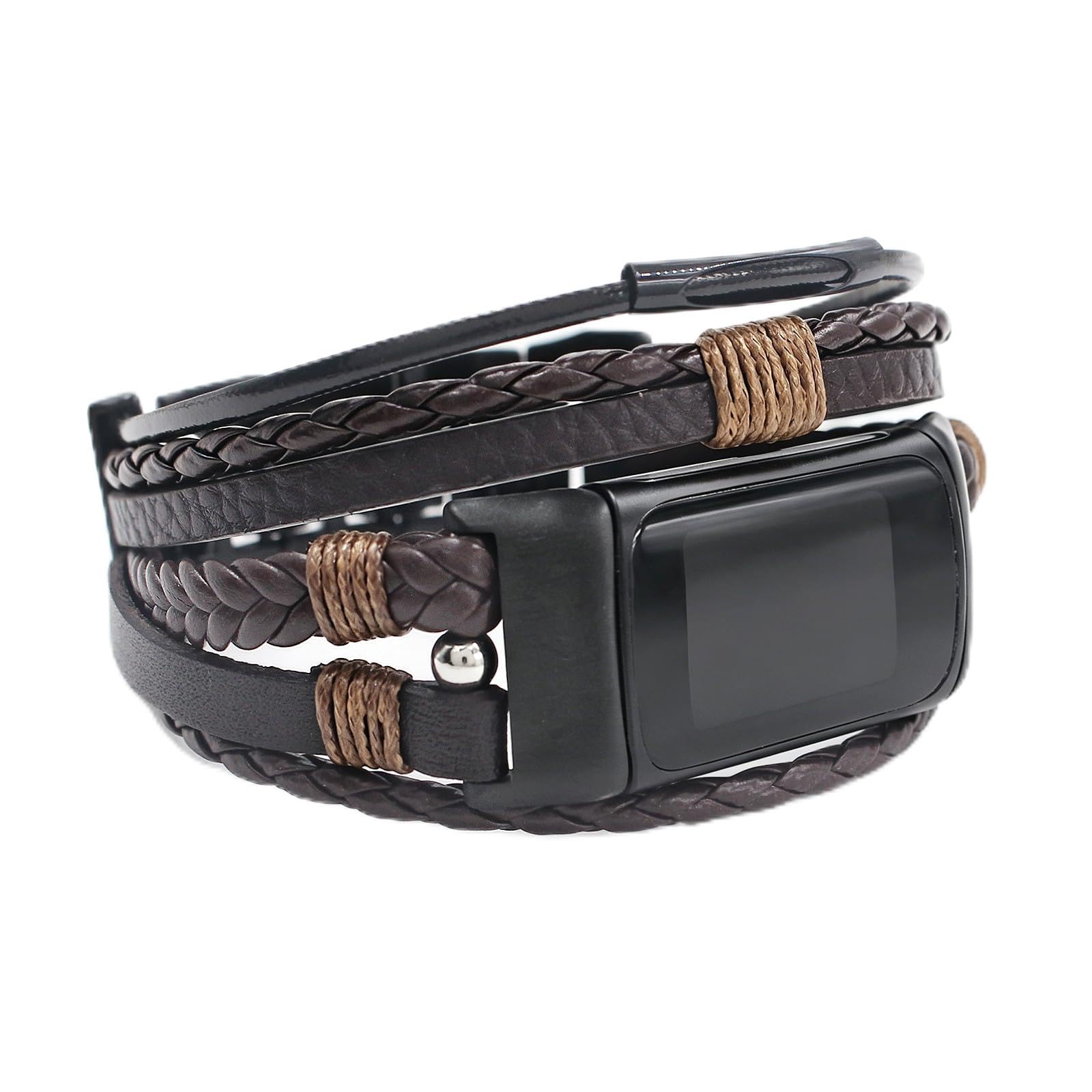 YOSWAN Boho Bracelet Compatible with Fitbit Charge 6 Bands/Charge 5 Bands for Women Men, Dressy Beaded Handmade Multilayer Wrap Leather Strap for Fitbit Charge 5/6 Watch (Braided Dark Brown) — image 1