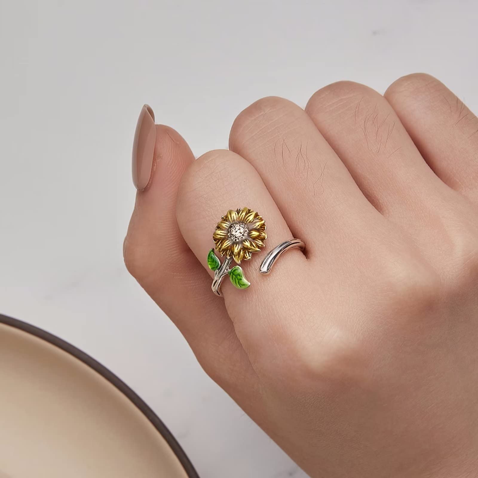 Qings Anillo Girasol Ajustable para Mujer, Plata de Ley 925 Flores Abierto Anillos Regalos de Cumpleaños para Niñas Adolescentes