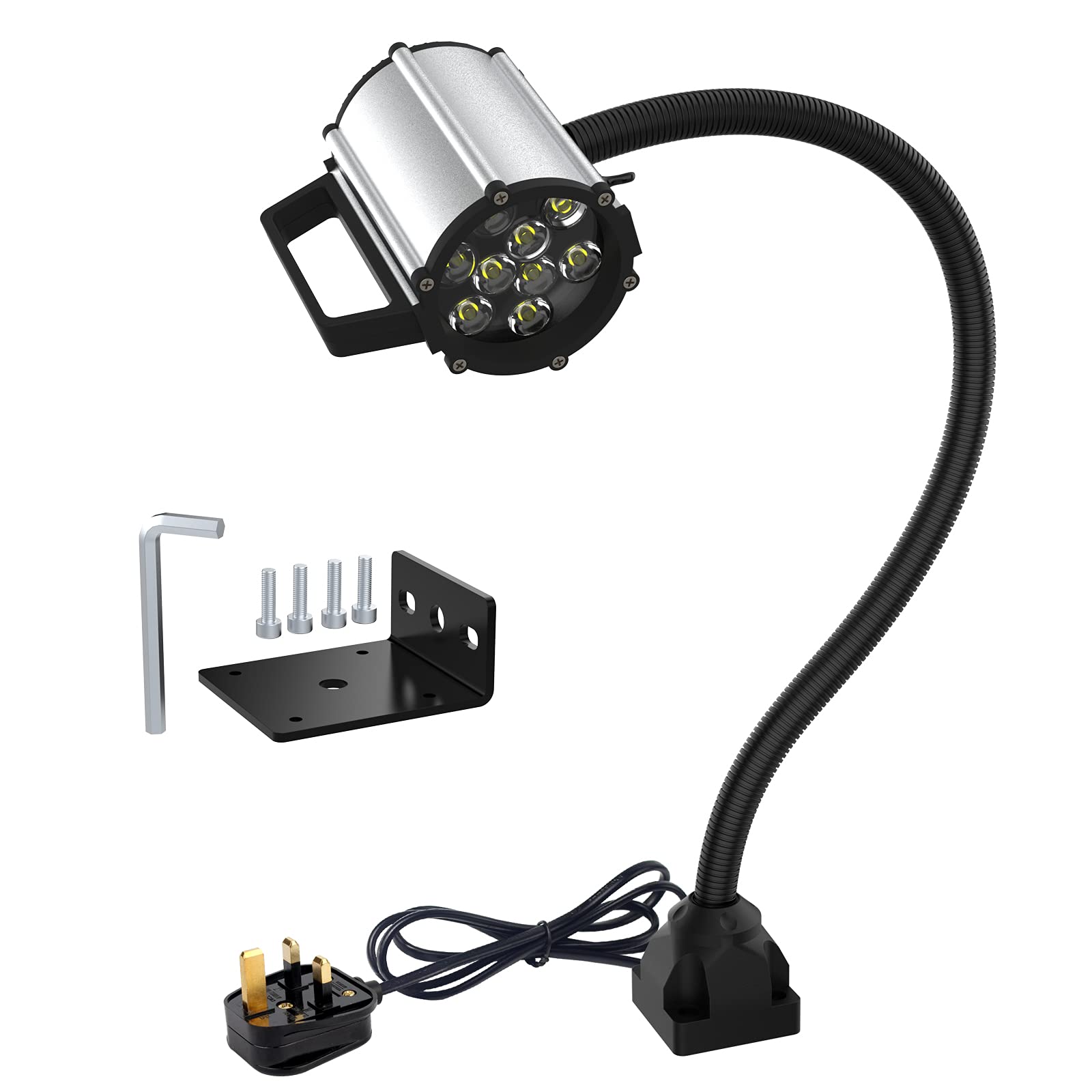 LED Work Light, IP66 Waterproof Flexible Gooseneck Light 700 Lumen 120-240 Volt Fixed with Screws for Industrial Machine Tools and Lathe