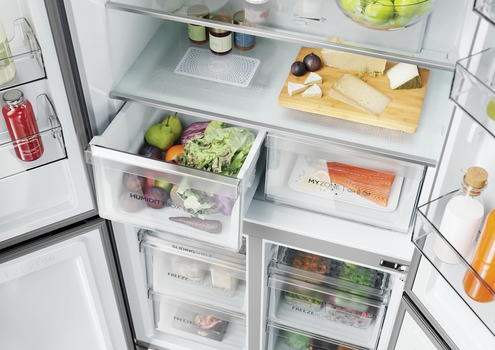 Haier Cube 90 Series 5 SH5CREH209MP - Frigorífico Americano 525L, 4 Puertas, Dispensador agua, Antibacterias, Motor Inverter, My Zone, Total No Frost, Ancho 90,8 cm, Alto 190 cm, Luz LED, Inox