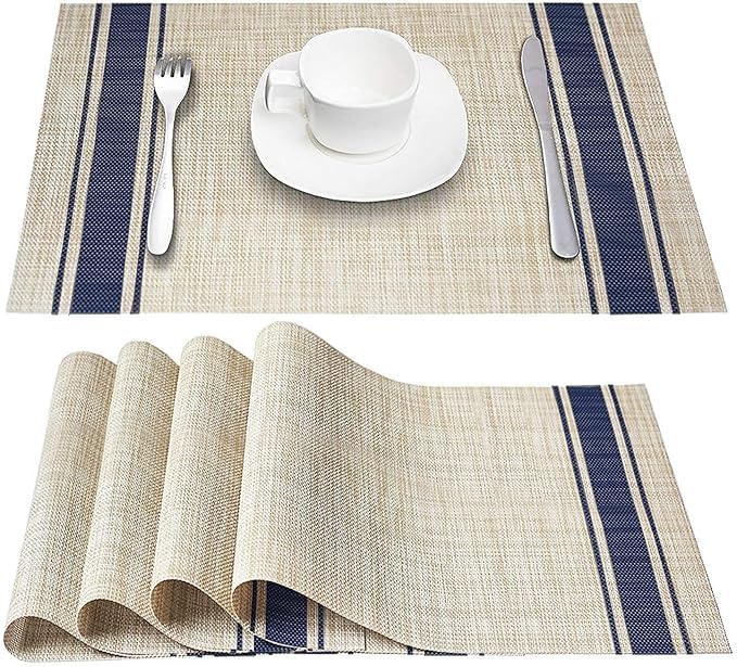 ERITIN Washable Table Mats Blue Lines Heat Resistant PVC Place for Holidays Parties and Everyday Seasonal Decoration Woven Placemats Dining Table (4pcs)