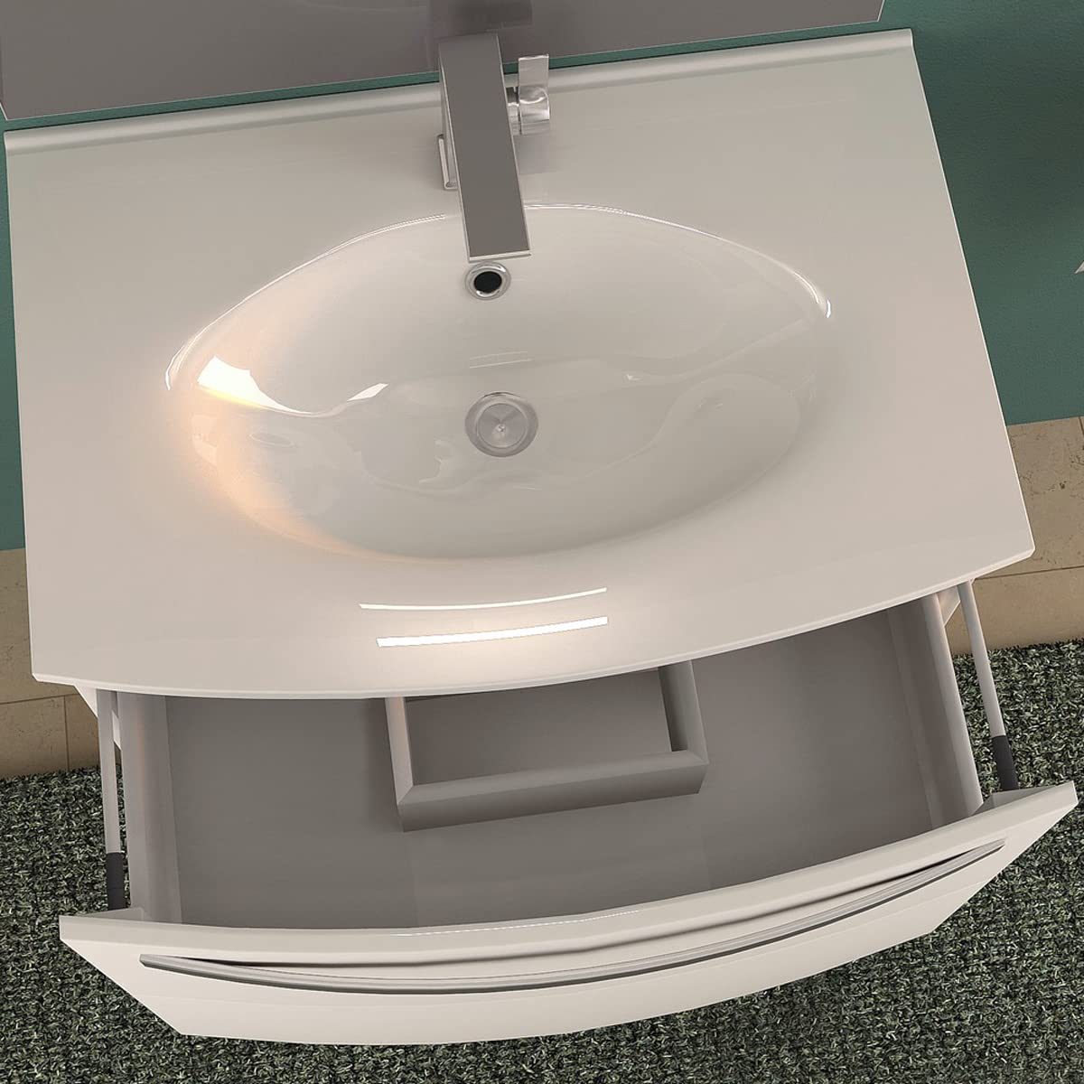 Yellowshop - Mobile bagno sospeso curvo 75 cm 2 cassetti con lavabo e specchiera led STELLA Bianco lucido (Mobile con lavabo)
