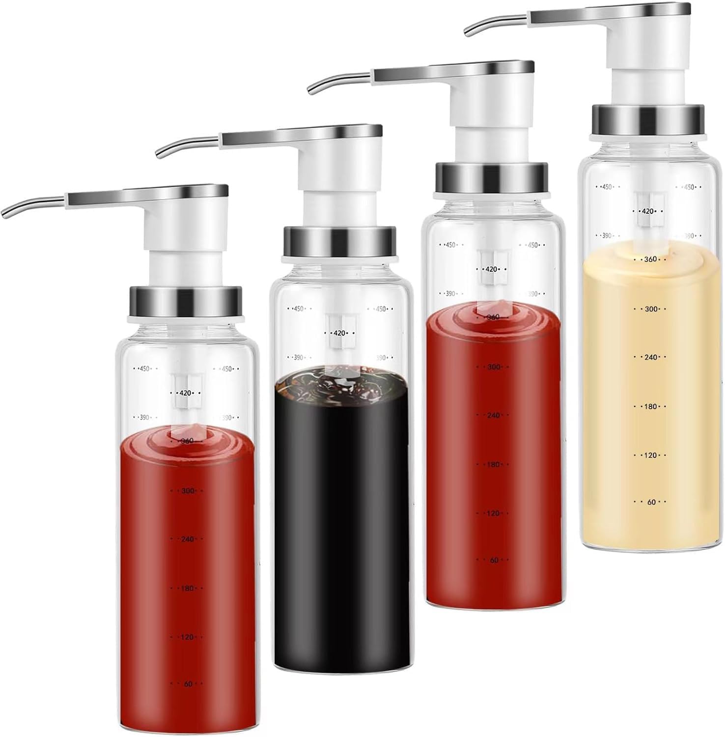 Dispensadores de bomba de salsa, dispensador de jarabe de café, 4 botellas de vidrio de 500 ml con bombas de acero inoxidable, a prueba de fugas, bombas de grado alimenticio para miel, jarabes,