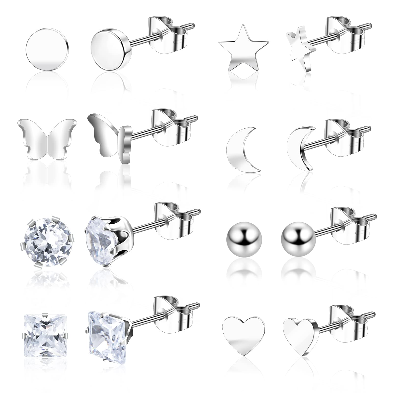 8 Pairs Silver Stud Earrings for Women, Stainless Steel Stud Earrings for Women, Star Moon Ball Heart Butterfly Studs Earrings Sets for Teens Girls Gifts