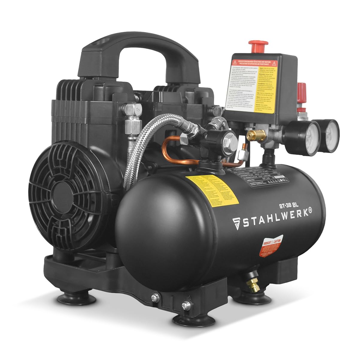STAHLWERK Kompressor mit 3 L Tank (ST-38 BL) – ölfrei & leise, 8 bar, 1,22 PS (0,9 kW), 170 l/min, 65 dB, Druckluftkompressor mit Brushless-Motoren, Silent-/Flüsterkompressor, Kolbenkompressor