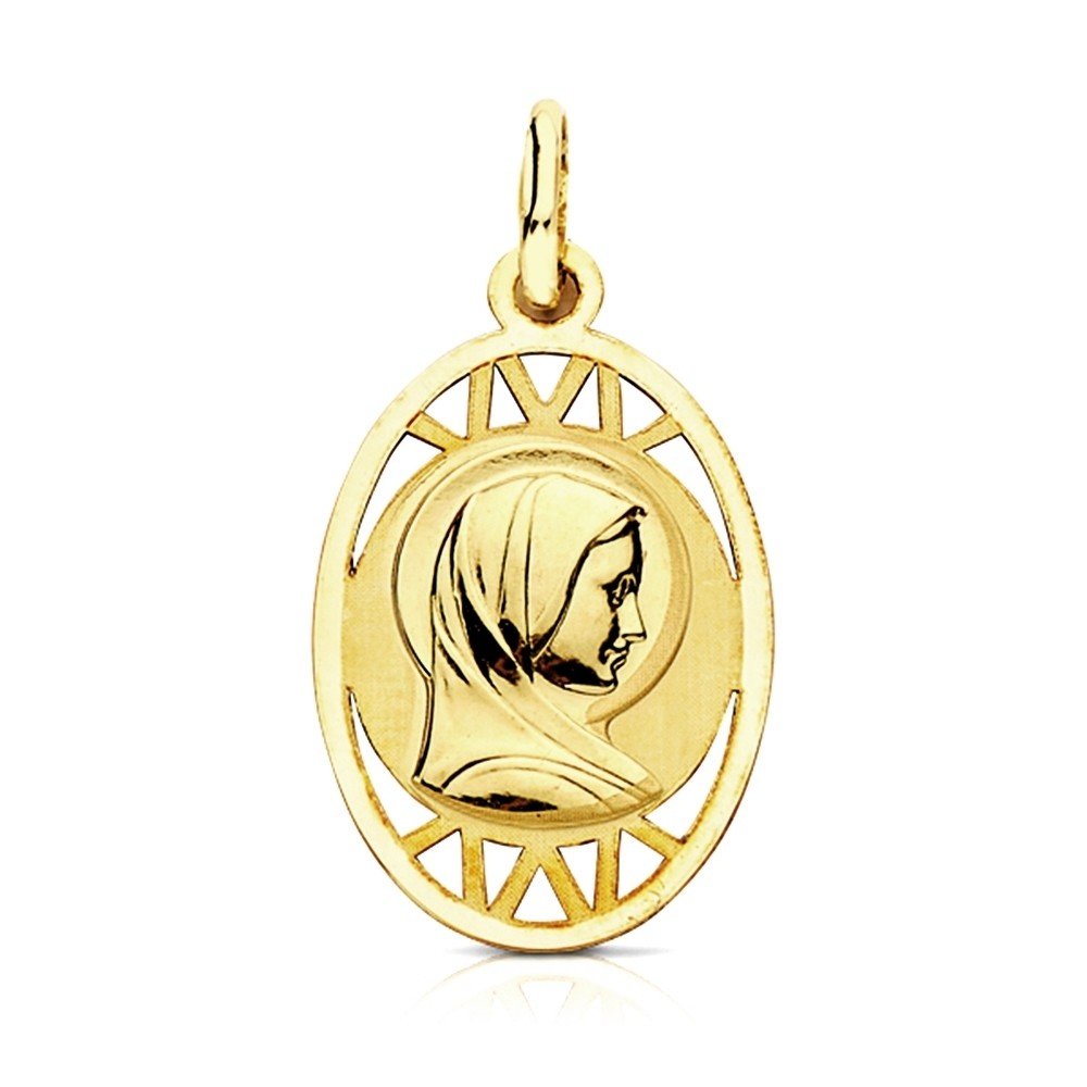 Medalla oro 9k Virgen Francesa 19mm. detalles calados ovalada cerco liso