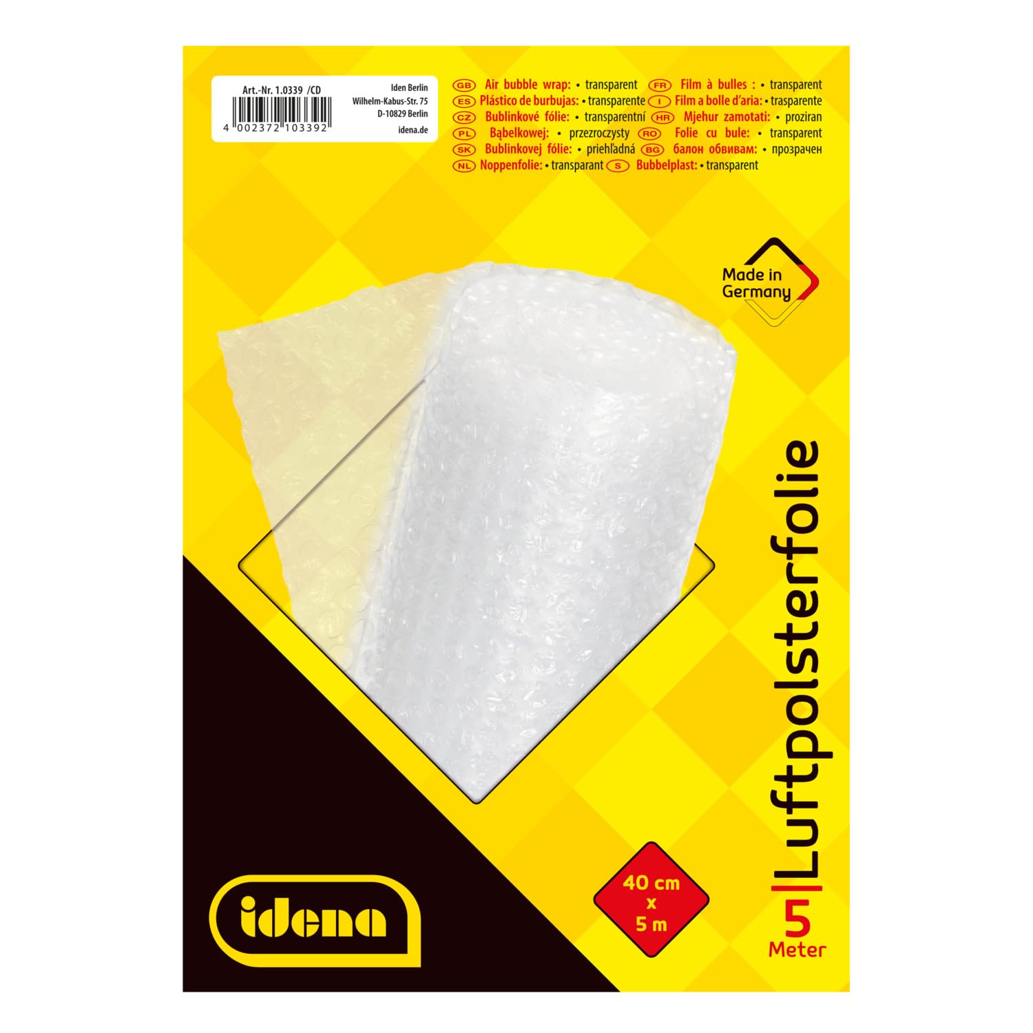 Idena 10339 - Papel de burbujas para envíos, embalajes y mudanzas, 40 cm x 5 m en rollo, 70 µ, transparente, 1 pieza