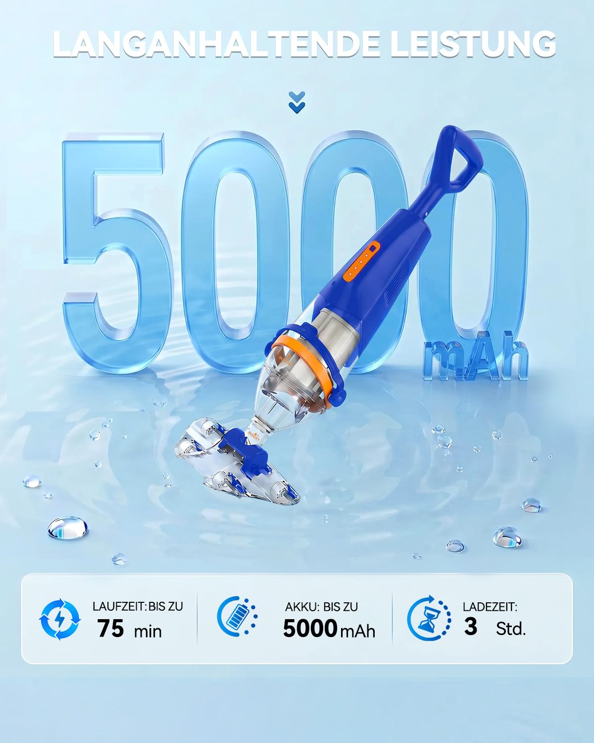 Aspirapolvere per piscina a batteria con telecomando sul manico telescopico, senza fili, con asta telescopica da 176 cm, durata di 75 minuti, potenza di aspirazione 4200 l/h, 2 testine di aspirazione