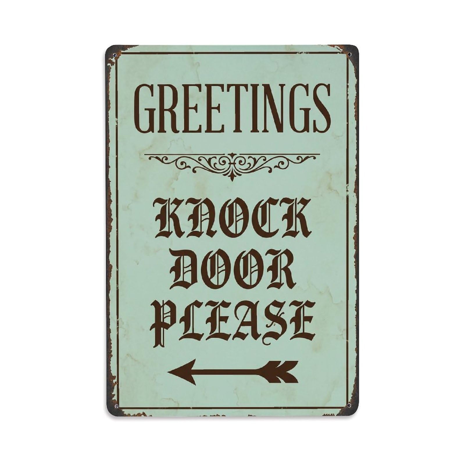 Vintage Greetings Knock Door Please Arrow Border Metal Tin Sign