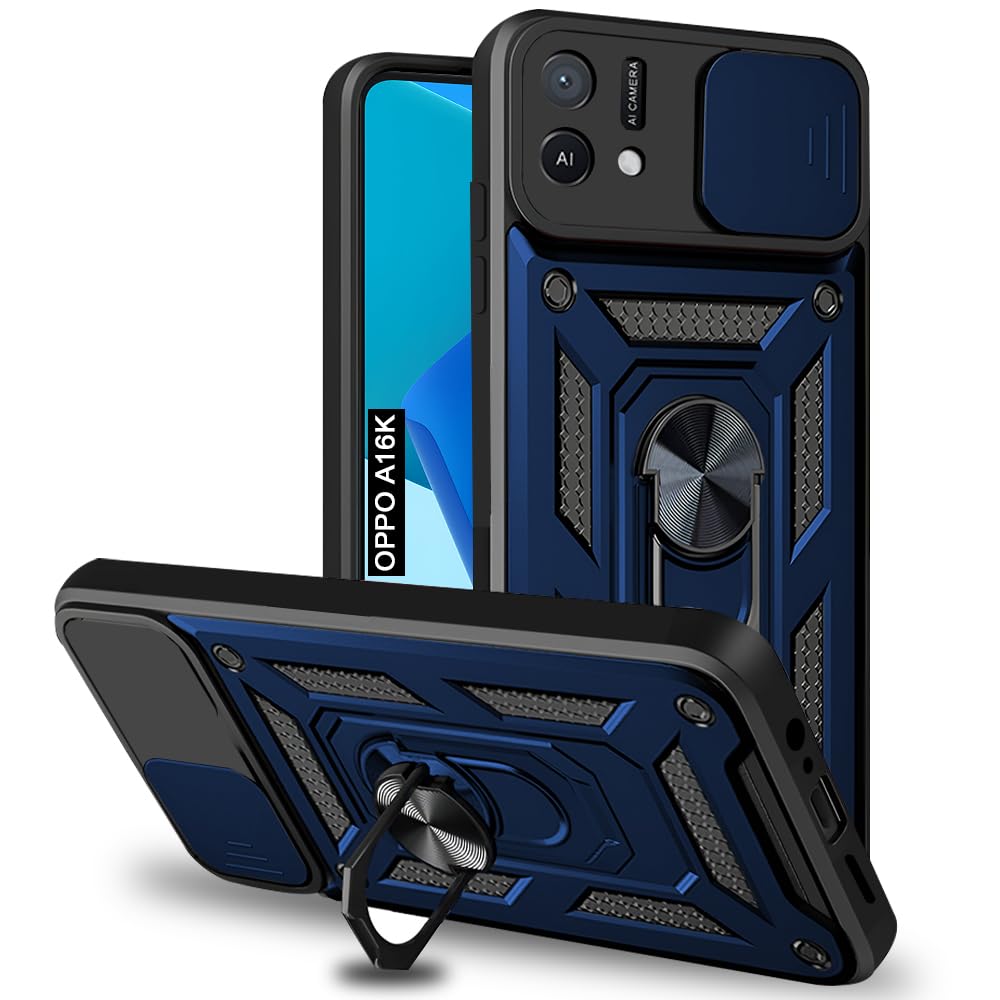 AESTMO Tough Armor Oppo A16K Bumper Back Case Cover | Ring Holder & Sliding Camera Shield Cover | 360 Degree Protection Back Case Cover (Blue)