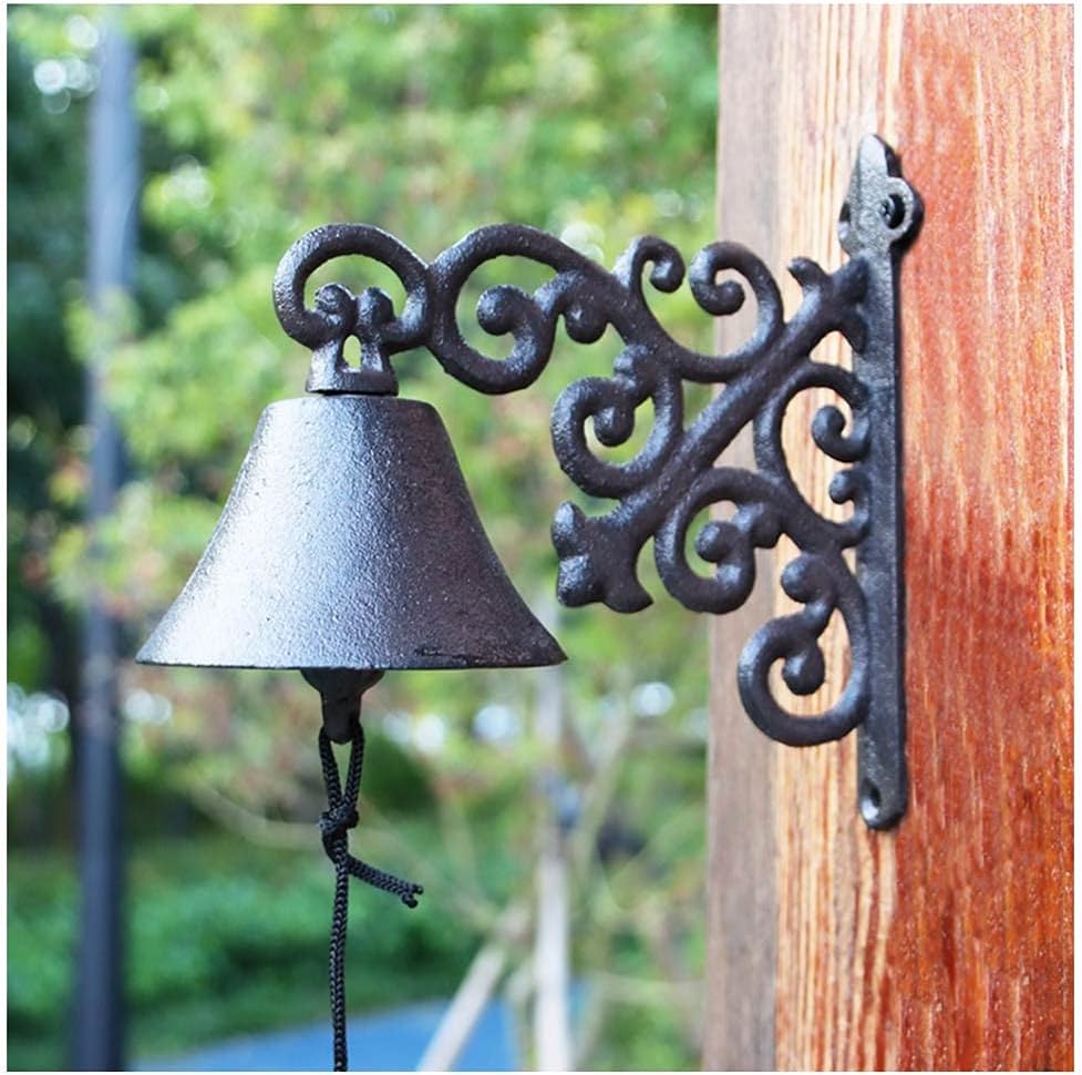 Garden Pendant Outdoor Dinner Bell Rustic Old-Fashioned Large Cast Iron Wall-Mounted Metal Doorbell Accent for Decoration Outside The Farmhouse (Color : Black, Size 20.5×10.3×19cm)