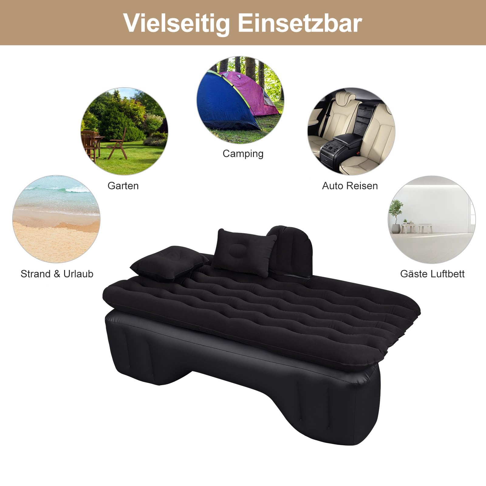 Auto Luftmatratze 128x70cm Aufblasbare Matratze für Rücksitz & Kofferraum, Tragbares Auto Reisebett inkl. 2 Kissen, Dickere Kofferraum-Matratze für Camping, Draußen und Reisen Schwarz (Schwarz)