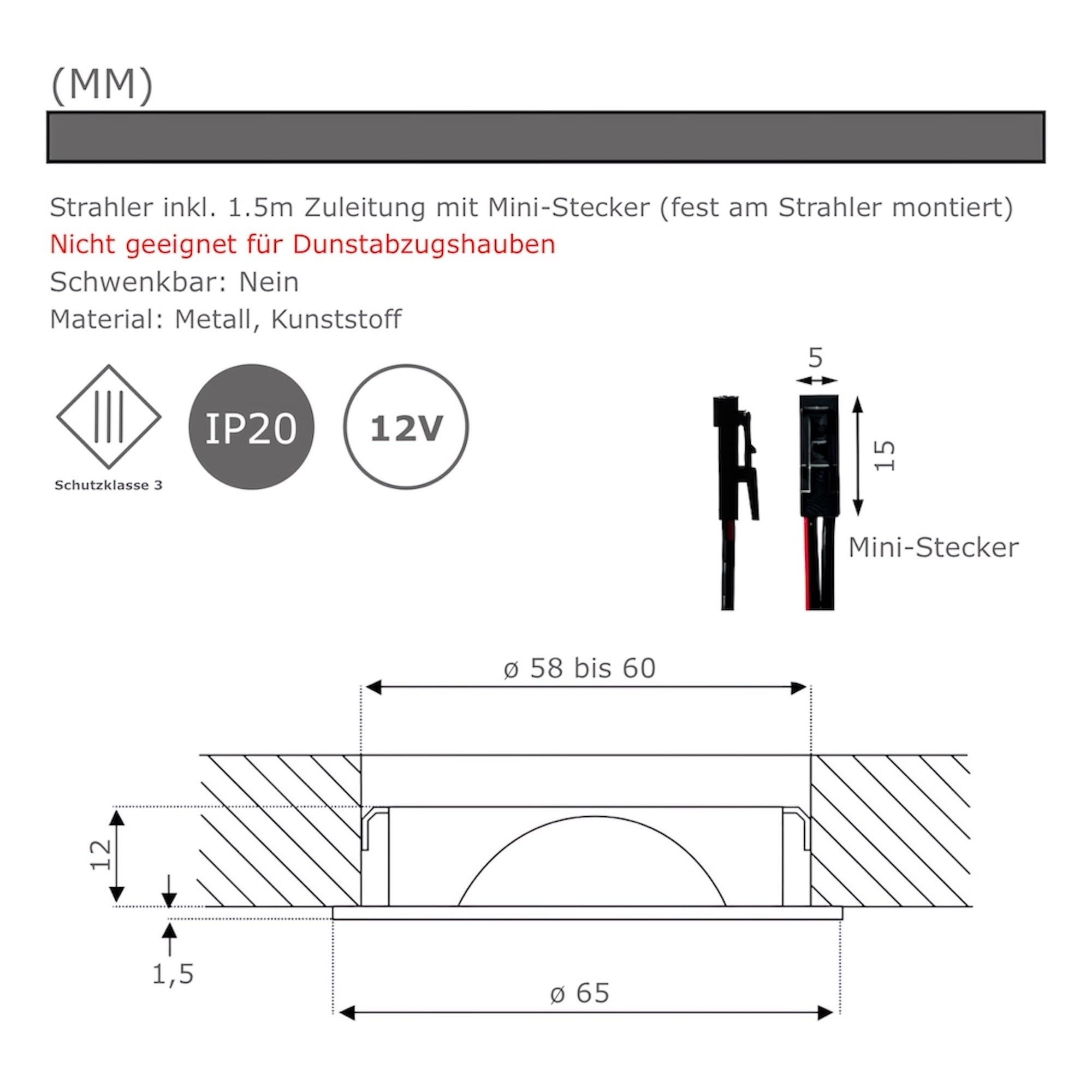6er Set LED Möbel Einbauleuchten 12V ultra flach 2.4W Einbauleuchten Mira 190lm mit LED Trafo und 230V Zuleitung 3000K Warmweiß Lochausschnitt: 58 bis 60mm Silber Plug and Play Spots Ø=65,5 X 10,7mm