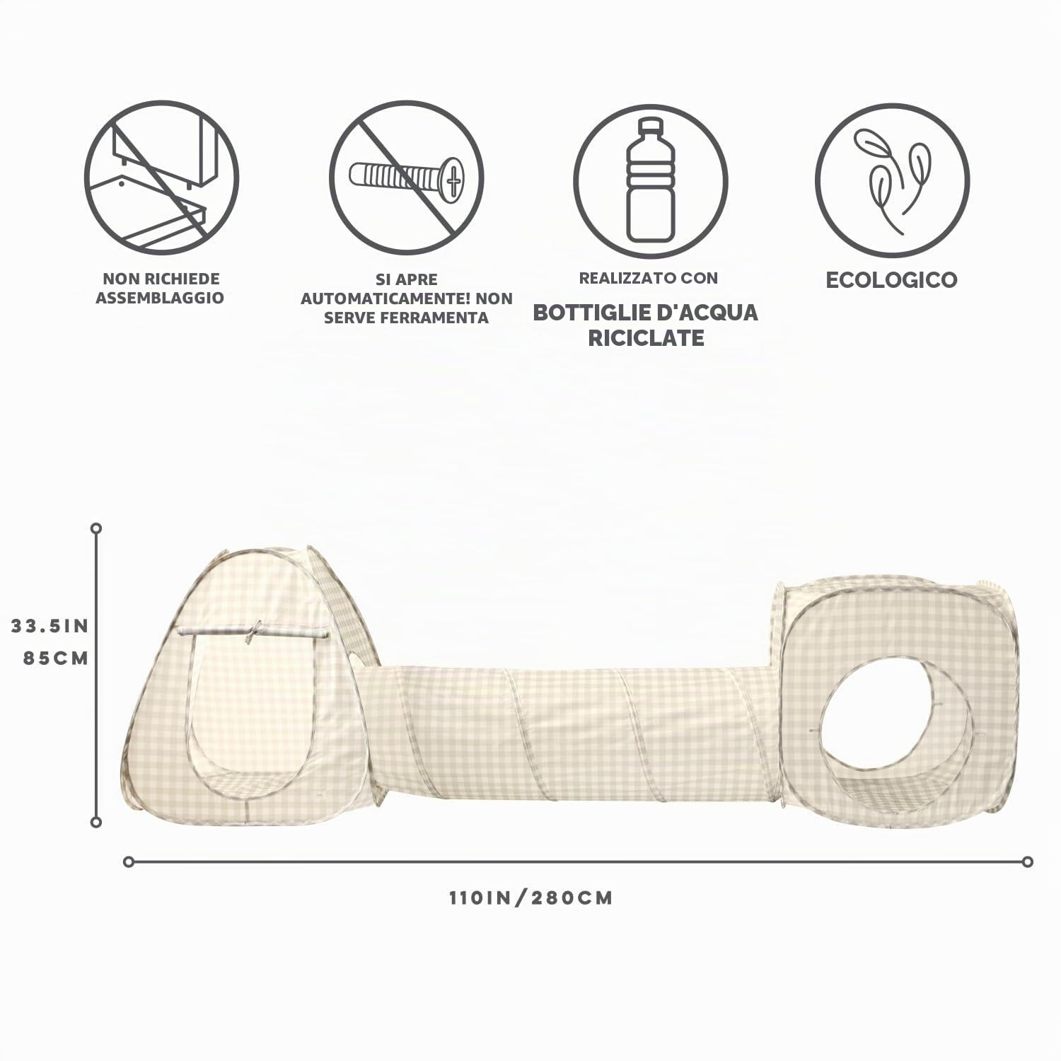 3 Sprouts Tenda Tunnel Gioco Bambini, Quadretti Beige | set tenda e tunnel gioco; pieghevole; per gioco interno, movimento e cameretta; si ripone piatto dopo il gioco; uso interno