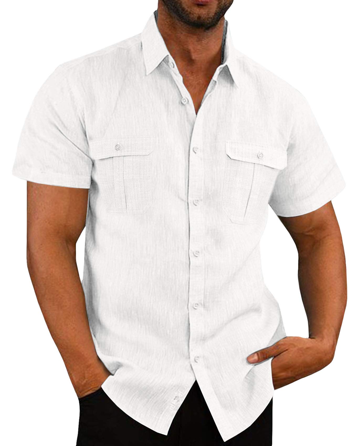 Leinenhemd Herren Kurzarm Sommerhemd Männer Freizeithemd Business Shirt Strandhemd mit Taschen
