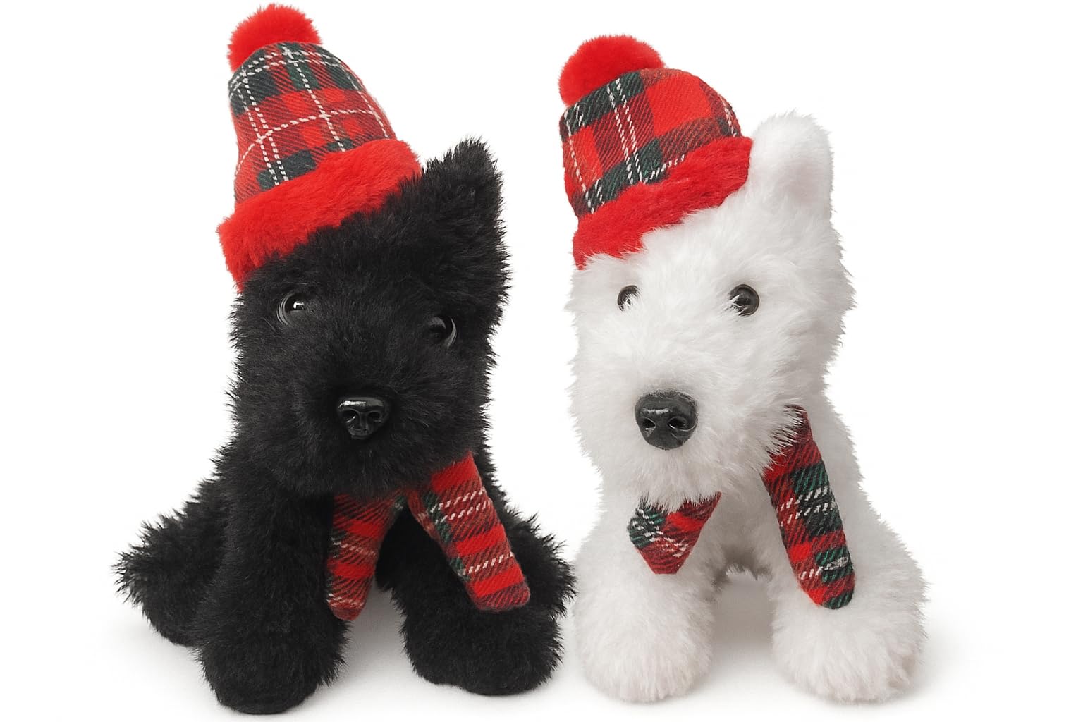 18cm White & Black West Highland Terrier Scottie Dog Tartan Hat & Scarf Cuddly Soft Toy Burns Night Gift