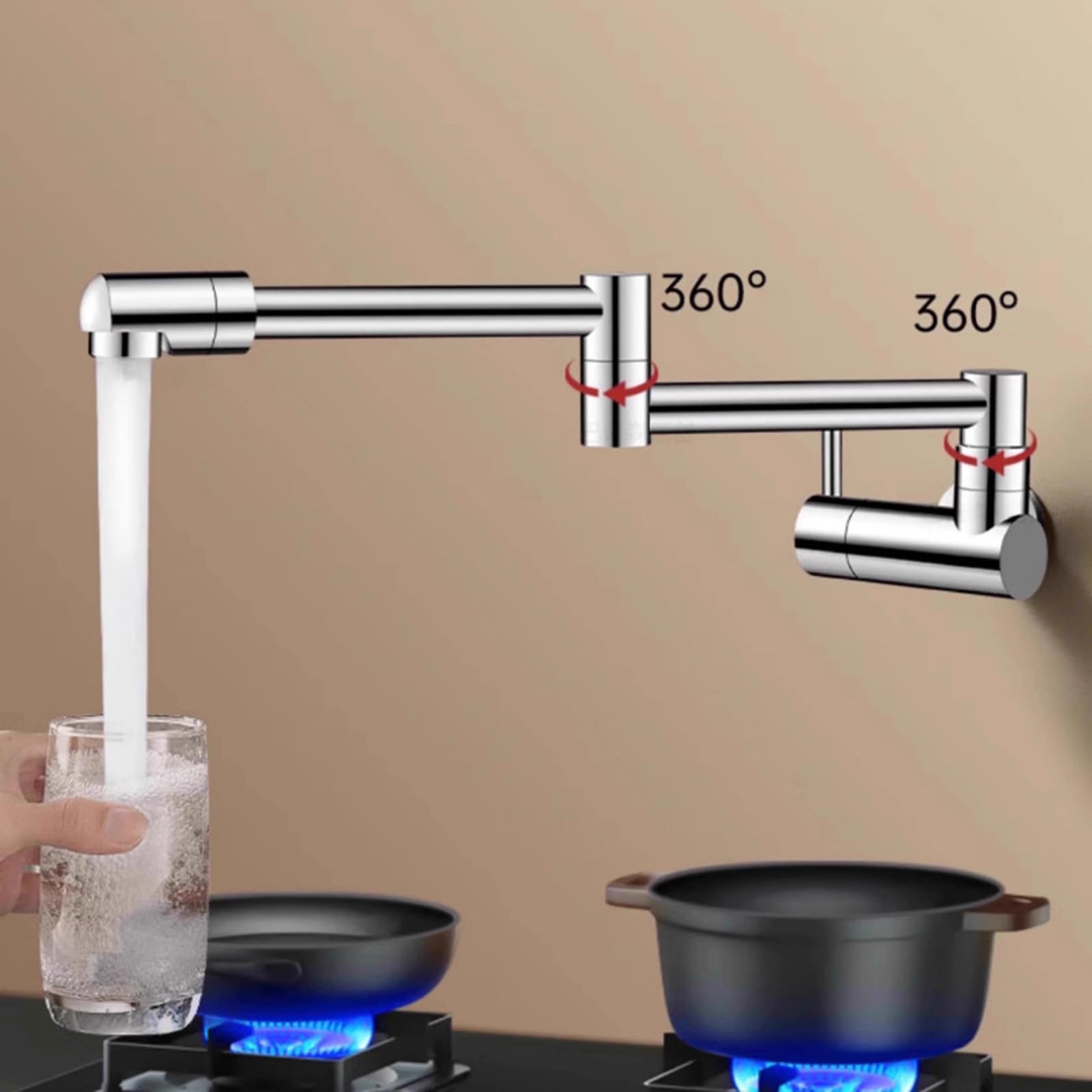 Mitigeur Mural Cuisine Rotatif À 360 ° Robinet De Remplissage De Casserole Pliable Rétractable En Laiton Eau Froide Uniquement,Noir