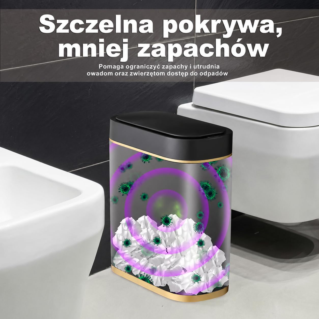 Automatyczny kosz na śmieci 8L z czujnikiem – Elektryczny pojemnik na odpady z pokrywą, hermetyczny i bezdotykowy – Kompaktowy do łazienki, kuchni, WC i biura – Cichy – Czarny