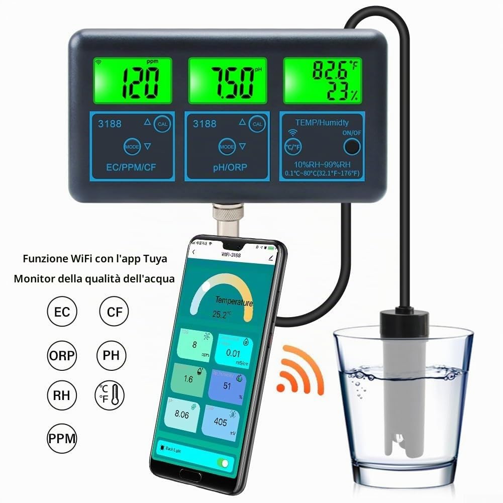 7 in 1 Analizzatore di qualità dell'acqua per piscina con cloro residuo, pH, ORP, sale, temperatura, WiFi compatibile per Tuya, funzionamento plug-in, sonde ad alta precisione per piscina (EU)