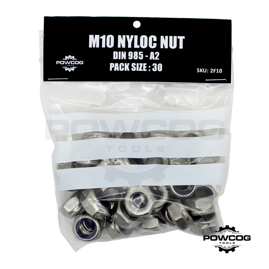 Powcog M10 Nyloc Nut - A2 Stainless Steel Lock Nuts Grade 304 Metric - Din 985 - By Powcog® - Pack Of 30