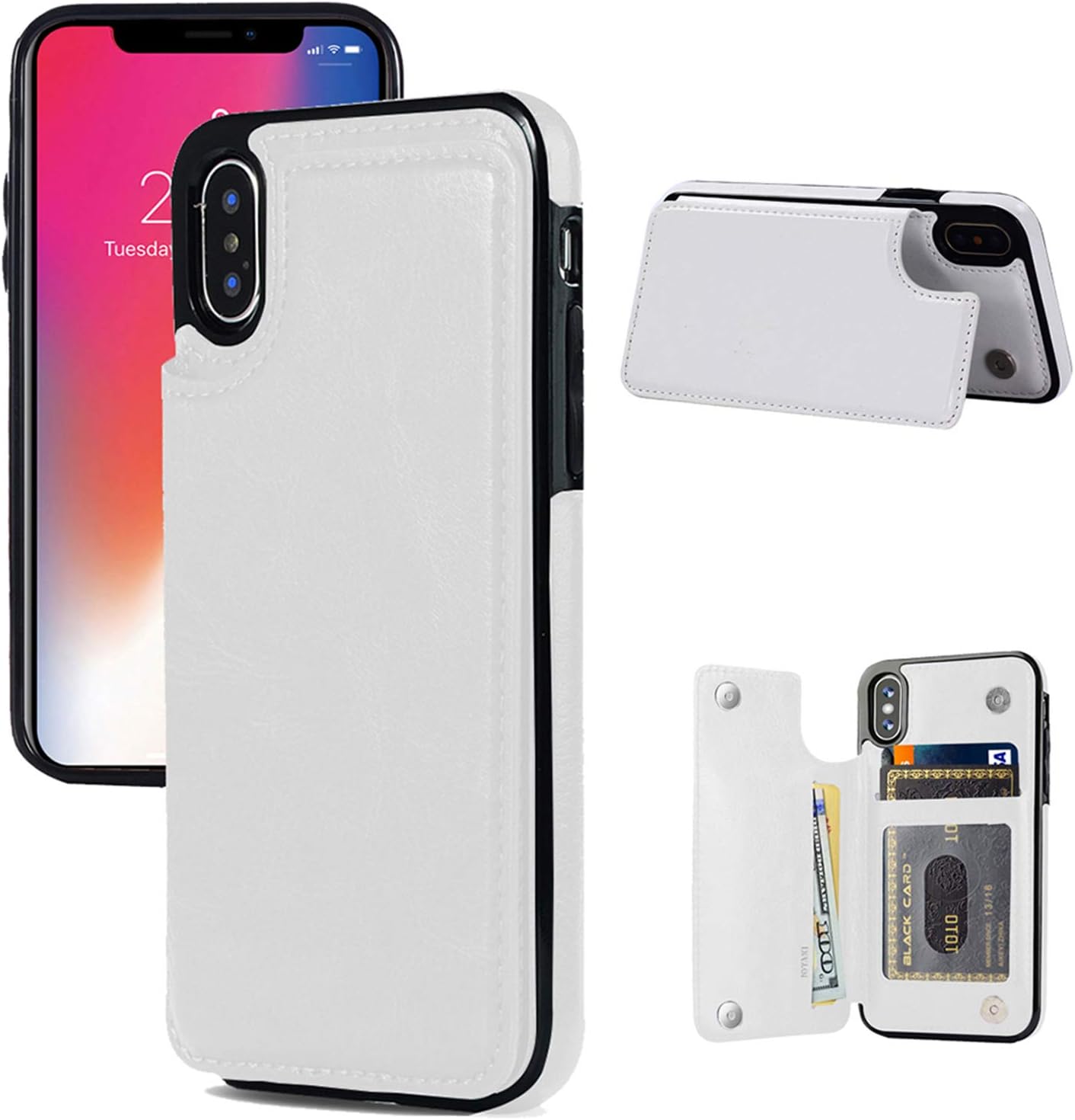 Wallet Case Compatible with iPhone X/XS,Slim Protective case with Card Holder,Premium PU Leather Card Slots Case with a Screen Protective Glass for iPhone X/XS 5.8 inch-White