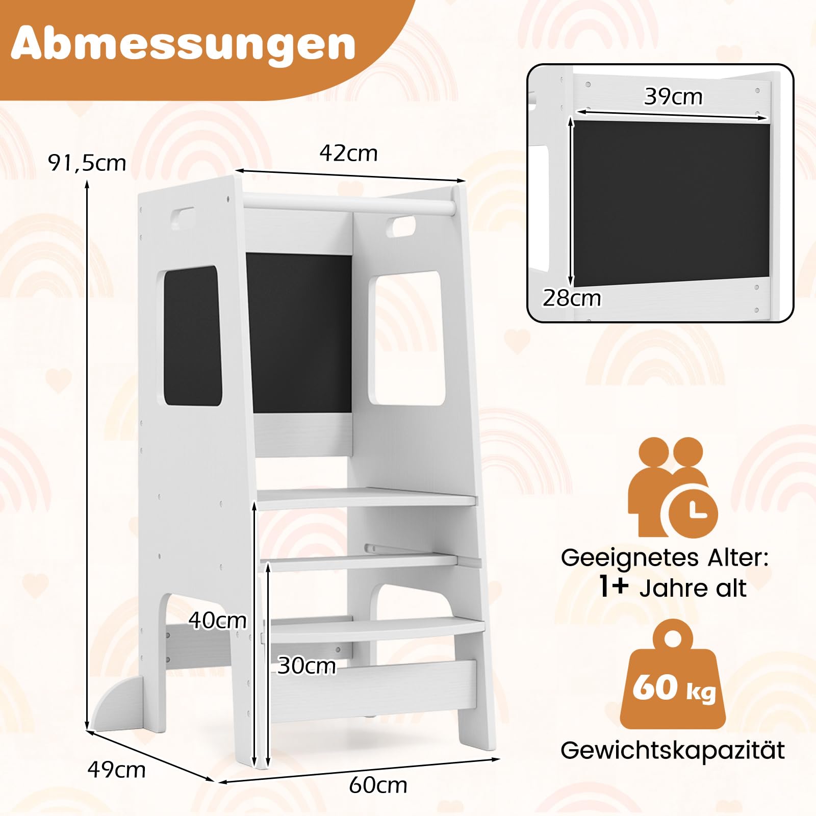 DREAMADE Lernturm ab 1 Jahr, Tritthocker Holz mit doppelseitiger Tafel, Learning Tower Höhenverstellbar, Lernturm Kinder mit Sicherheitsschiene, belastbar bis 60kg (Weiß)