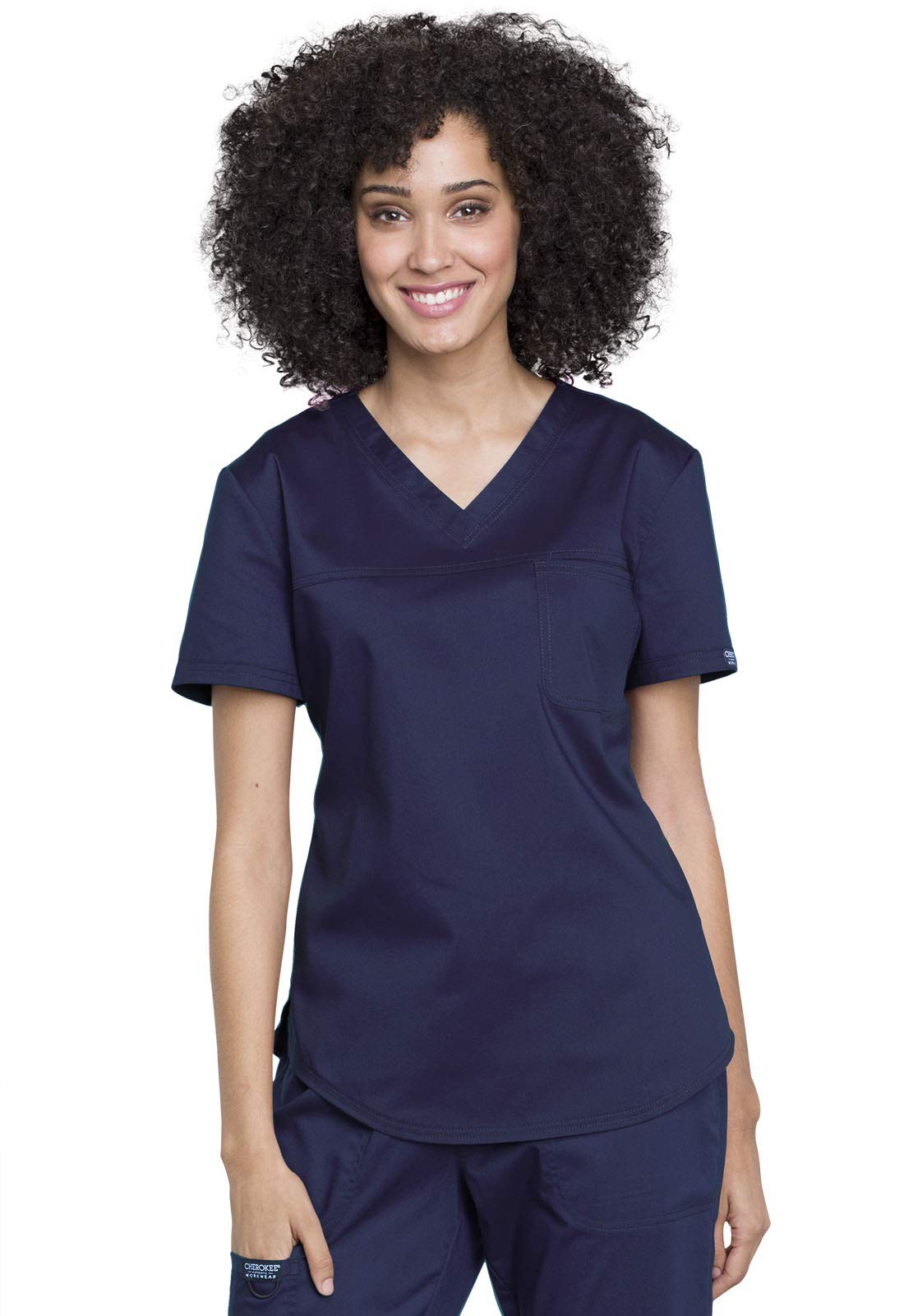 Cherokee WW657 - Conjunto de uniforme médico para mujer, cuello en V, pantalones quirúrgicos de tiro medio con cintura elástica de punto, WW115, azul marino, talla S, pantalón S