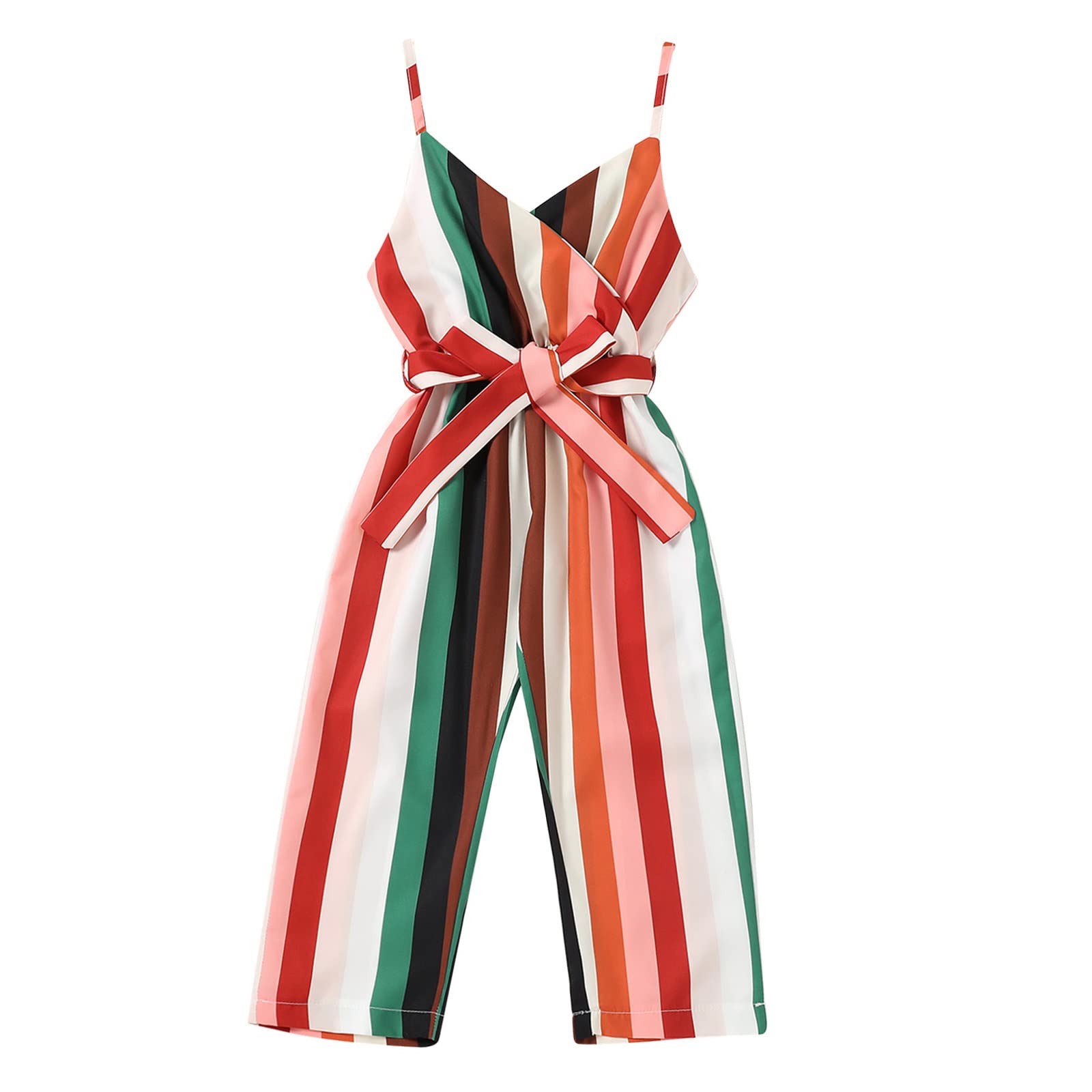 Yoiwhaayo Toddler Baby Girl Striped Jumpsuit Summer Sleeveless Straps Suspender Wide Leg Overall Romper with Belt Outfit (Red,3-4T)