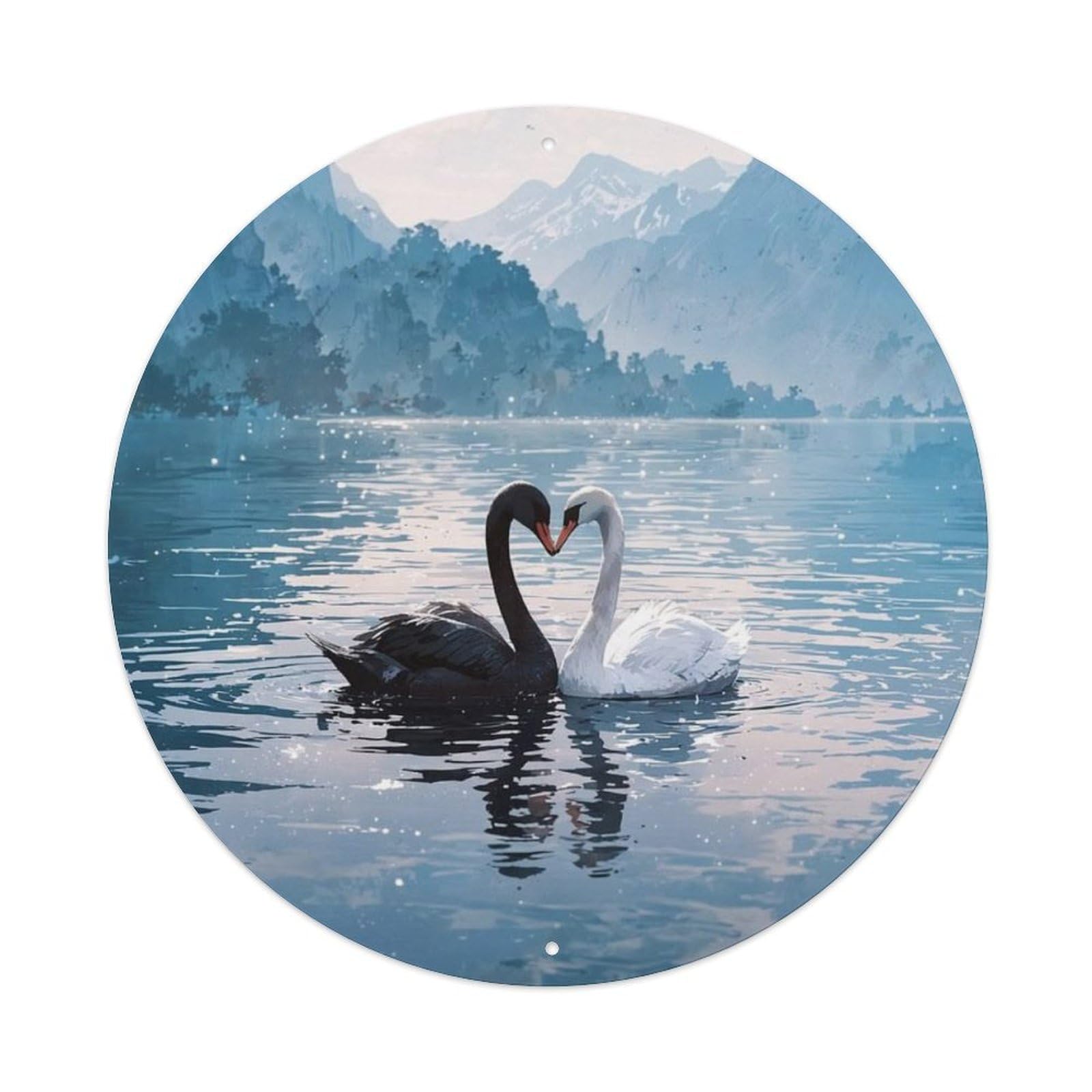 Animal Poster Black Swan White Swan Romantic Landscape Mountain Lake Vintage Metal Tin Sign Plaque Wall Decor for Cafe, Club Bar, Office, Garden Metal Poster 8x8Inch