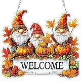 Diamond Painting Pendente, Gnomi carini dei cartoni animati, Decorazione da Appendere in Pannello Acrilico per Porta, Finestra o Giardino, con Catena, Arte Fai da te con Strass, Cartello di benvenuto