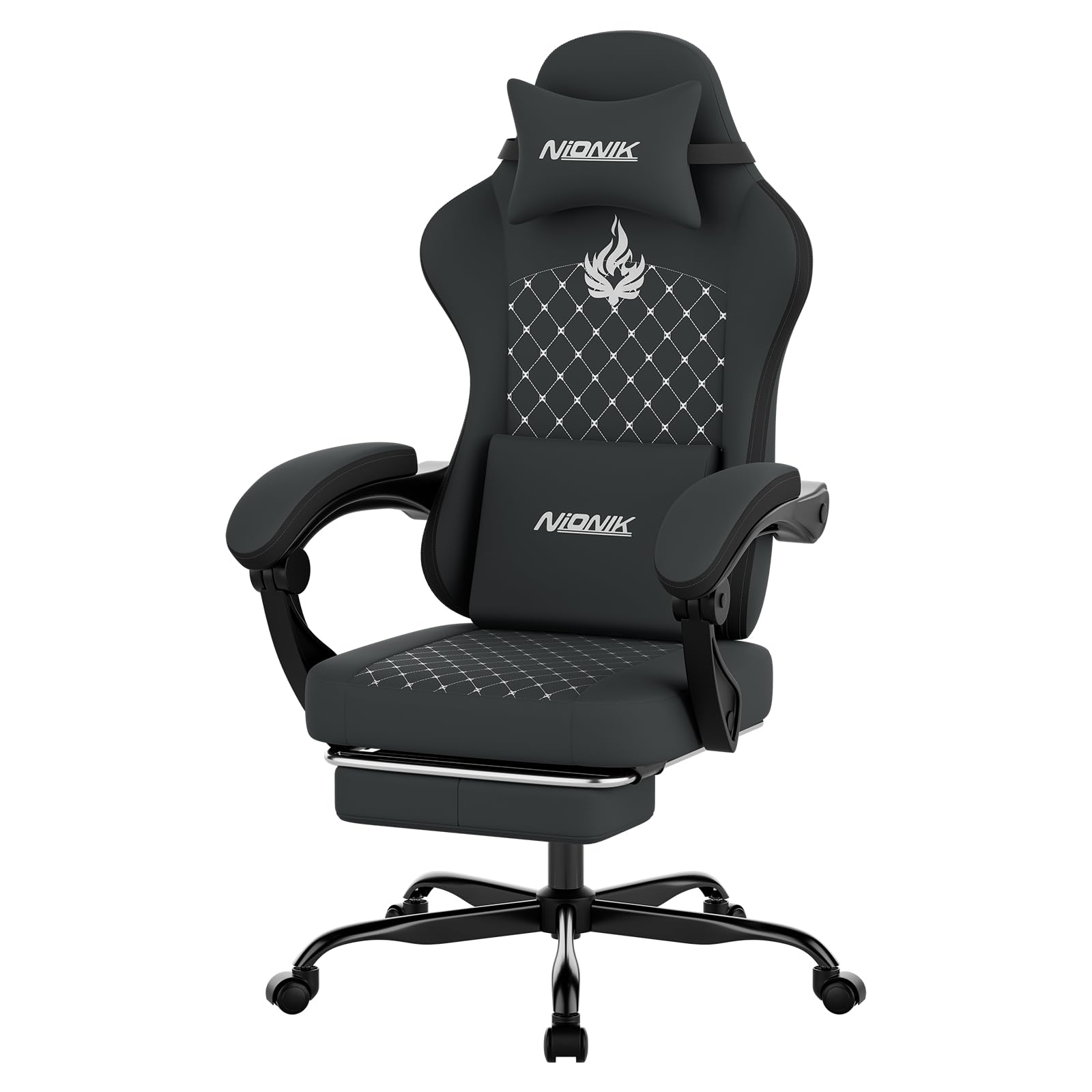 NIONIK Gaming Stuhl Ergonomisch, Gaming-Sessel mit Fußstütze, Gaming Stuhl Stoff Bürostuhl mit Lordosenkissen und Nackenkissen, Gaming Chair mit Rautenmuster und Flammen-Design, Schwarz Grey