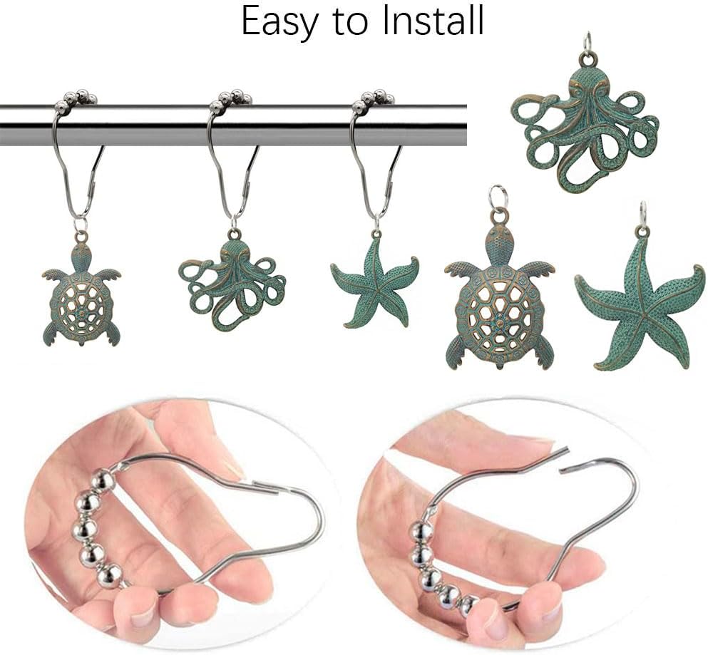Antique Green Sea Turtle Shower Curtain Hooks Set of 12 - Starfish Octopus Decorative Shower Curtain Ring Hanger for Nautical, Beach Themed Bathrooms Decor, Rust-Proof (Antique Green)