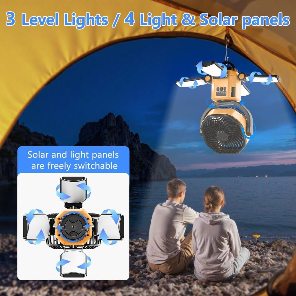 Camping Fan with Light, Support Solar Battery Power, Automatic Oscillation 360° manually Adjustable Fans for Outdoor, Camping, Beach, Fishing