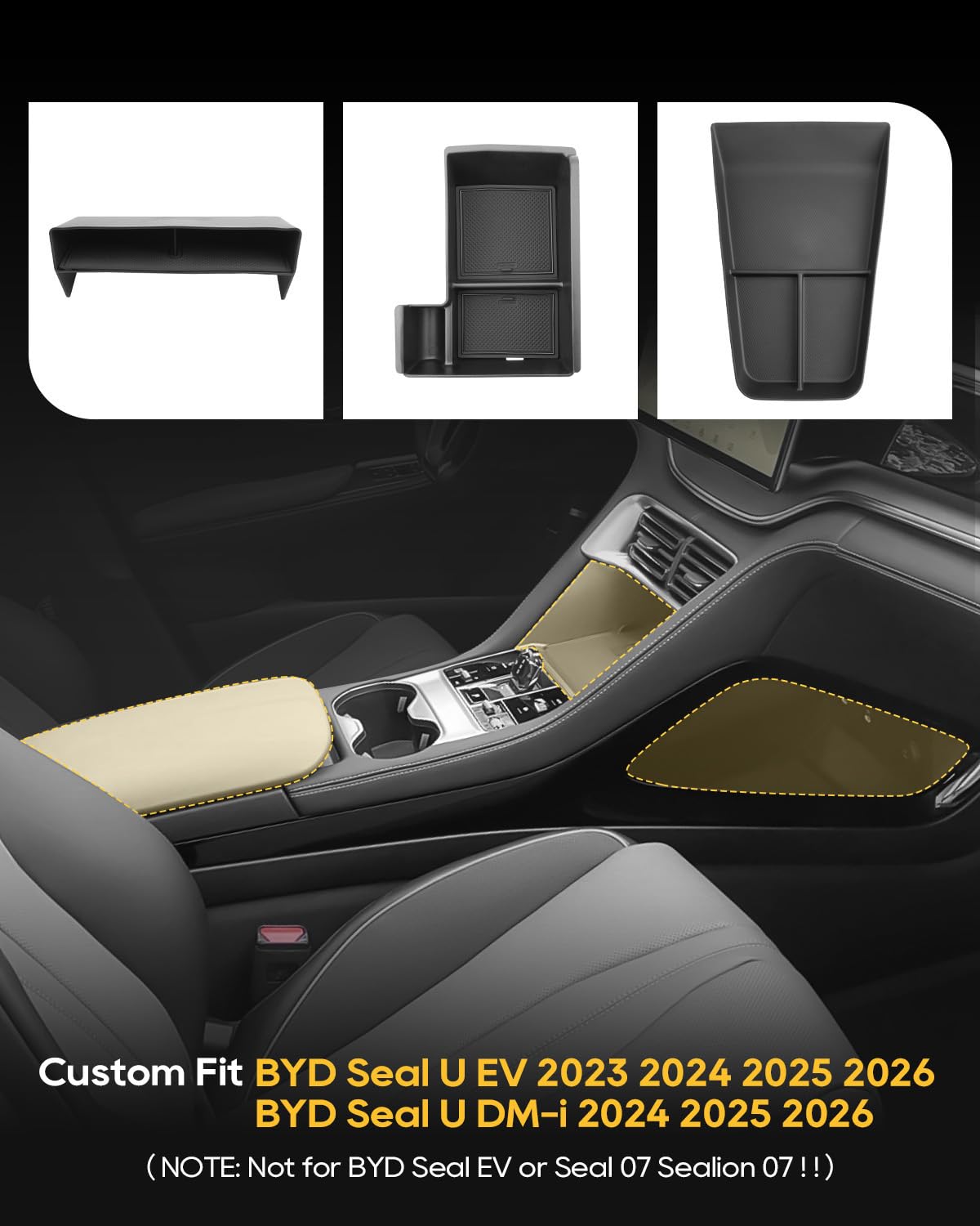 YEE PIN [3 Stück] Kompatibel mit BYD Seal U DM-i 2024 2025 2026 Mittelkonsole Aufbewahrungsbox-Set, Mittelkonsole Armlehnebox & Konsolenfach unten aus TPE & Mittelkonsolen Ablagefach