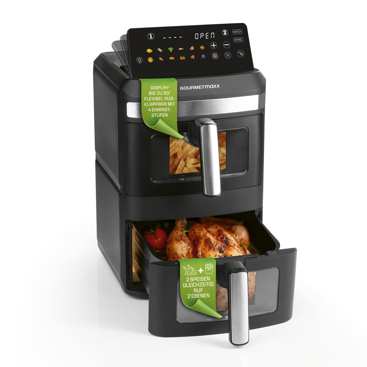 GOURMETmaxx FryUp XL vertikale Doppelkammer Heißluftfritteuse mit Sichtfenster - 12 L | Airfryer mit 9,6 Zoll Multi-Colour LED-Touchdisplay & 12 Programmen | Heißluftfritteuse 2 Kammern mit Oberhitze