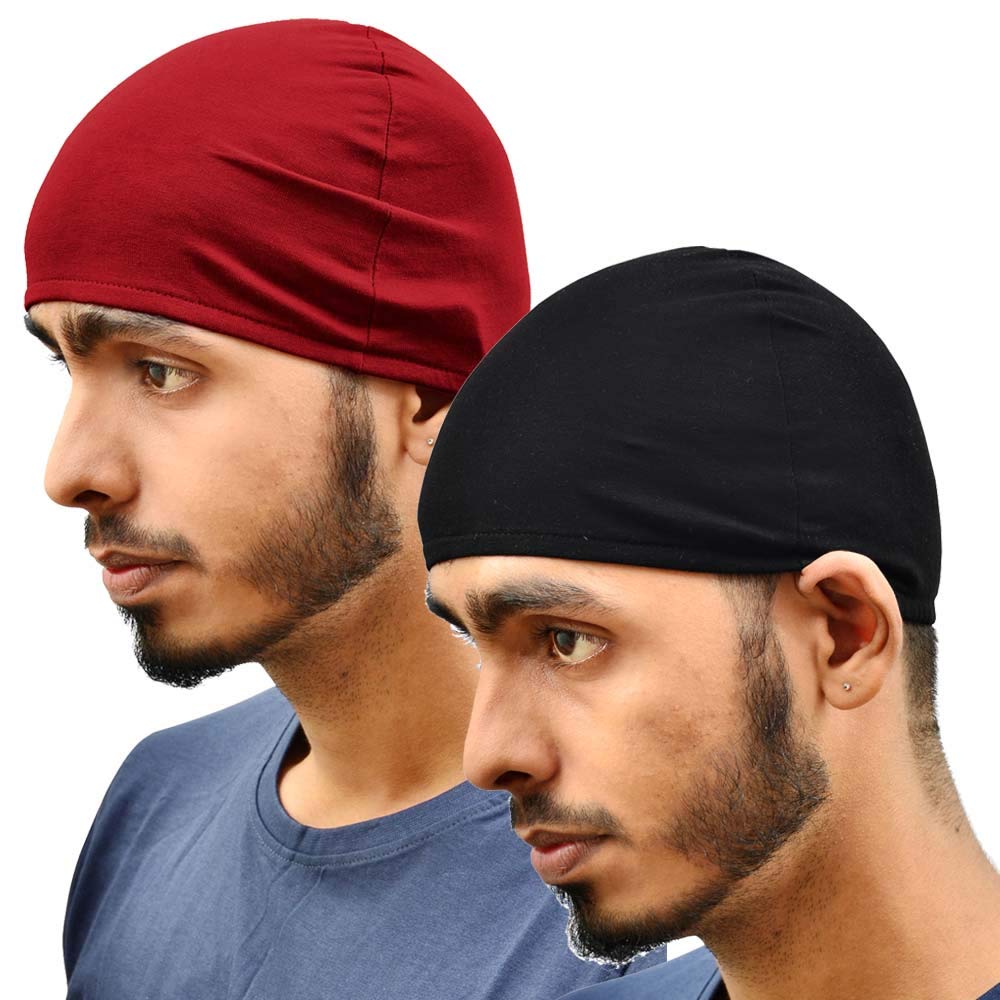 MOTUS Men's and Women's Cotton Black and Red Helmet Skull Cap Topi -Free Size (Pack of 2)