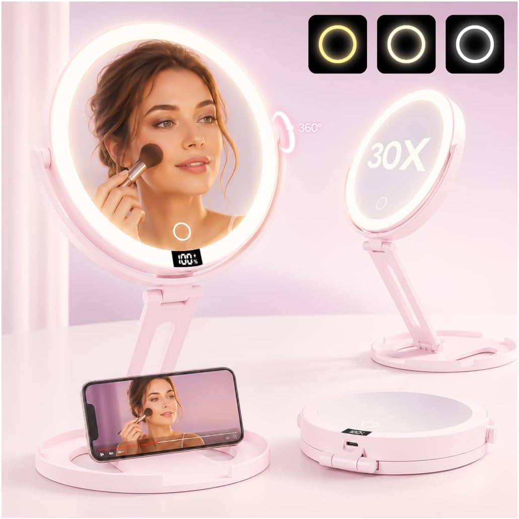 Travel Makeup Mirror with Lights, 1X/30X Double-Sided Magnifying Mirror